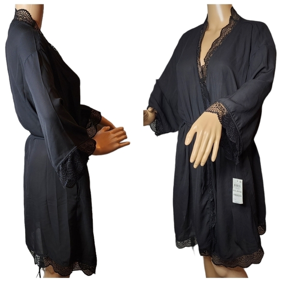 NWT Macy's INC Black Lace Trim Short Robe Women's Size XXL - Picture 10 of 14
